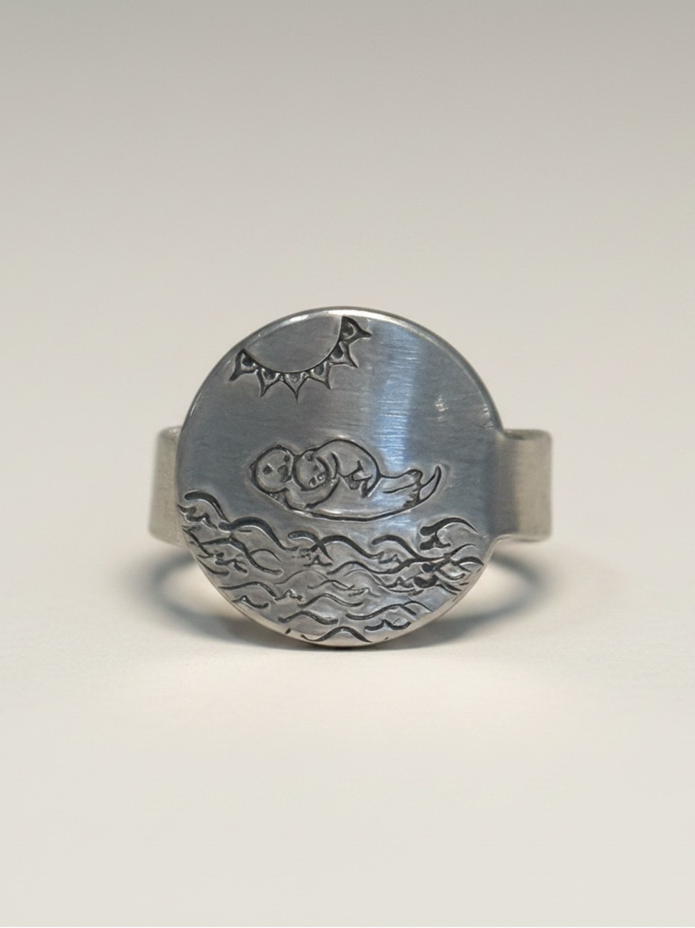Handmade mama sea otter ocean silver aluminum adjustable medallion ring